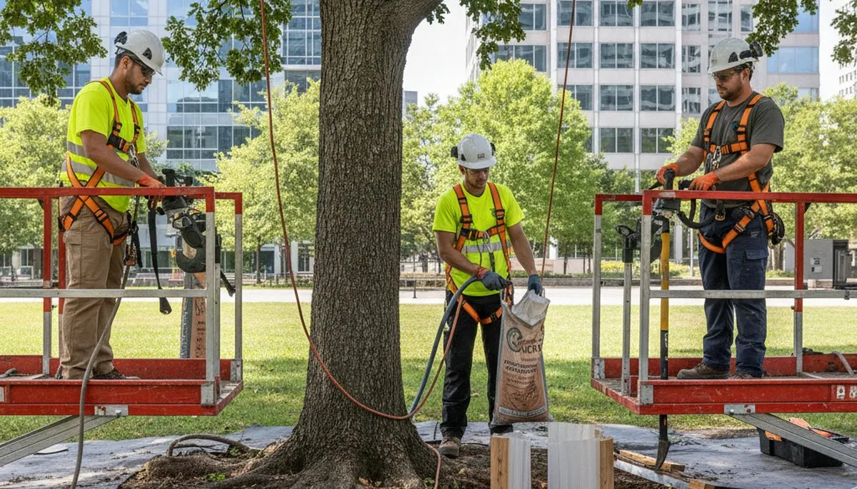 Tree service crew providing root protection in Allentown, PA for healthy trees and soil safety